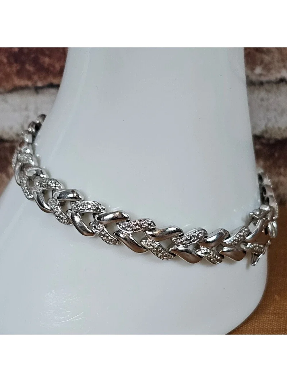 925 Sterling Silver Pavé Link Bracelet 7
